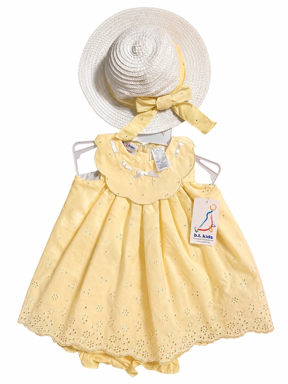 b.t. Kids 3 Pc Eyelet Dress Bloomers & Sun Hat Set 12 Months Yellow